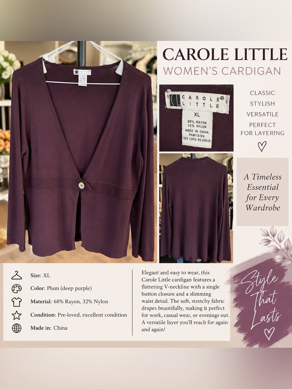Carole Little Plum V-Neck Single-Button Cardigan
